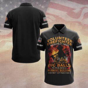 Front view of the big balls volunteer firefighter polo in black, featuring bold graphics and vibrant colors.