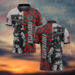 Front view of red camo firefighter polo, featuring a striking split design and custom sleeve text.
