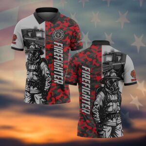 Front view of a red camo firefighter polo featuring a split design with a firefighter graphic, firetruck, and black collar.