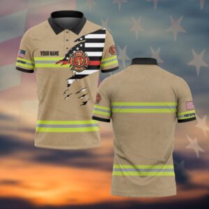 Front view of the thin red line polo, featuring a beige color with striking flag design and custom name.