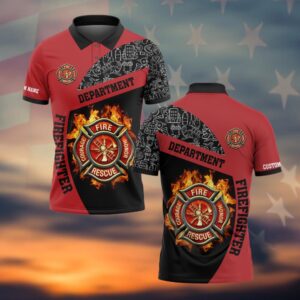 Front view of red and black blazing duty firefighter polo with custom name, Maltese cross over flames, and tool graphics.