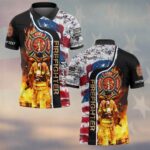 Forged in flames firefighter polo featuring a striking split design in black and patriotic colors from the front view.