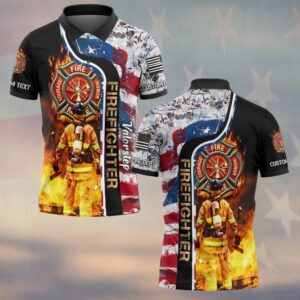 Front view of the forged in flames polo featuring a split design with a firefighter in flames and an abstract American flag.