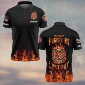 Front view of black firefighter polo with chest logo, custom text, and fire hem design representing first in last out ethos.