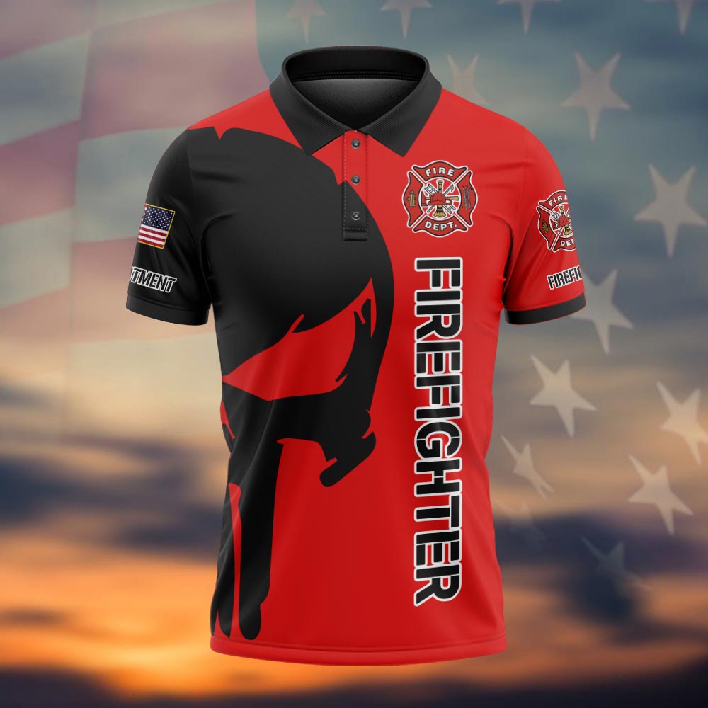 Firefighter Skull Duty Polo Shirt Back view of the firefighter skull duty polo showcasing the striking design and firefighter insignia.