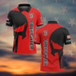 Front view of the firefighter skull duty polo in red and black, featuring bold graphics and text.