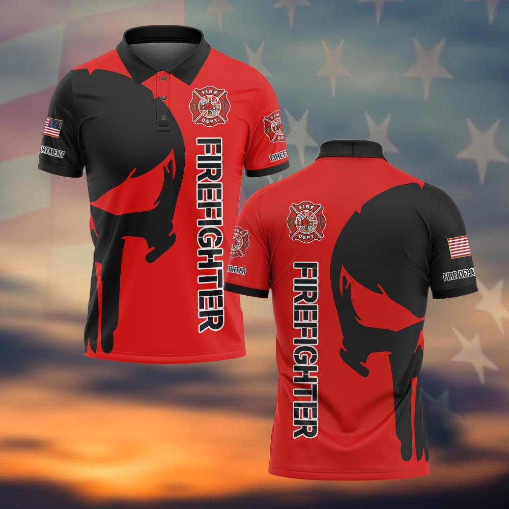 Firefighter Skull Duty Polo Shirt Front view of the firefighter skull duty polo in red and black, featuring bold graphics and text.