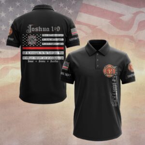 Front view of black joshua 1:9 firefighter polo featuring a red Maltese cross and vertical chest text.