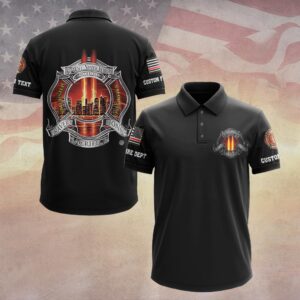 Front view of black 9/11 memorial polo with left chest Maltese cross logo, Twin Towers design, and custom sleeve text.