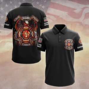 Front view of black 343 memorial polo with custom firefighter chest logo and thin red line flag on sleeve.