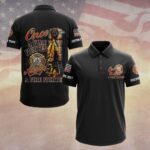 Front view of black once a firefighter polo showing left chest Maltese cross logo and thin red line flag on the right sleeve.