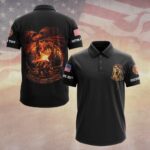 Fear No Evil Fire Dragon polo shirt in black, showcasing bold dragon graphics on the back, viewed from the front.