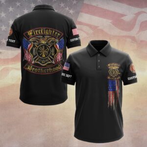 Front view of black firefighter brotherhood polo with left chest eagle logo and vertical distressed US flag design.