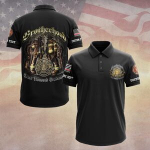 Front view of the Brotherhood Time Honored Tradition polo in black, showcasing vibrant firefighter artwork and emblem details