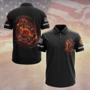 Fear No Evil firefighter polo in black, showcasing a vibrant dragon design on the back.