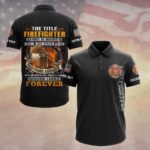 Front view of a black firefighter quote polo with vibrant design, showcasing custom text and logo.