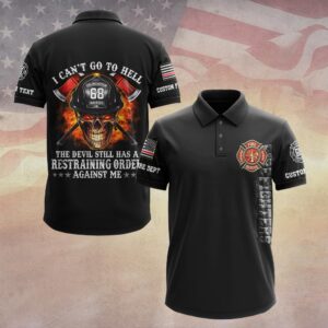 Front view of the black 'I Can't Go To Hell Firefighter Polo' featuring bold skull and fire graphics.