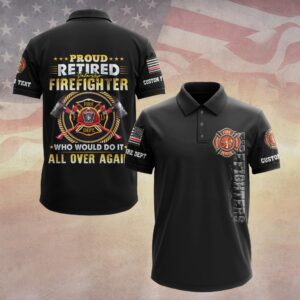Front view of black proud retired firefighter polo with chest emblem and vertical firefighter text.
