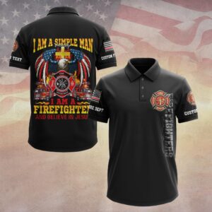 Front view of the black simple man firefighter polo featuring a Maltese cross chest logo and vertical text.