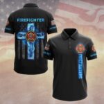 Glowing blue flame cross polo in black featuring striking back design with firefighter emblem and custom text.
