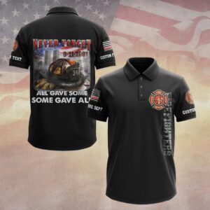 Front view of the black some gave all polo featuring a firefighter Maltese cross and vertical text on the left chest.