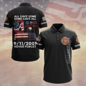 Front view of black custom 9/11 memorial polo with Fire Rescue chest logo and vertical firefighters text.