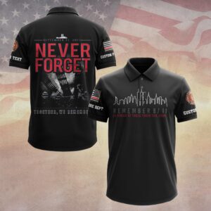 Front view of black 9/11 memorial polo featuring an NYC skyline design and custom fire department sleeve text.