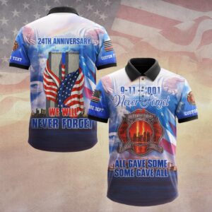 Front view of blue 9/11 tribute polo shirt with black collar, featuring a firefighter cross emblem and Never Forget text.
