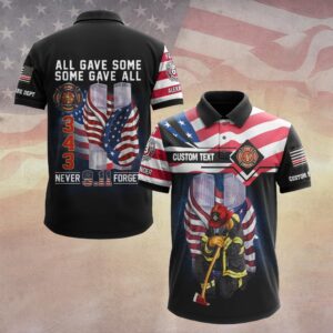 Front view of a black 9/11 memorial polo shirt featuring a kneeling firefighter, Twin Towers, and US flag chest pattern.