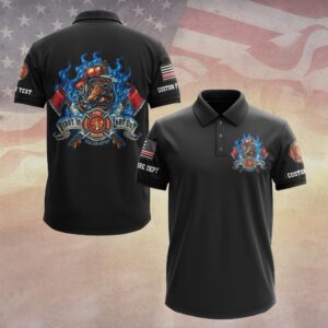 Front view of black first in last out polo shirt featuring a small bulldog fire rescue chest logo with blue flames and axes.