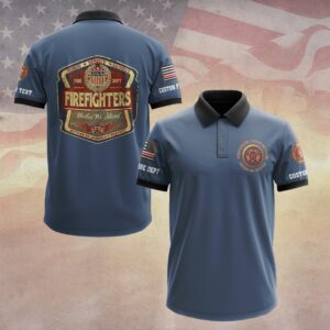 Front view of the blue united we stand polo with black collar, featuring a small firefighter chest badge and sleeve flag.