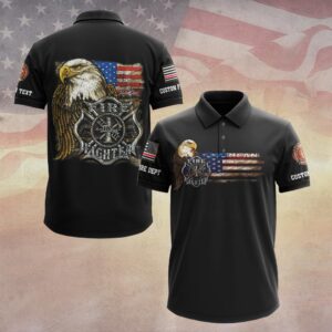 Front view of the eagle & maltese cross firefighter polo in black with vibrant eagle design and flag detail.
