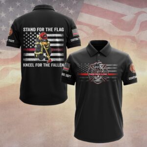 Back view of black kneel for the fallen polo featuring a kneeling firefighter, axe, and red line US flag graphic.