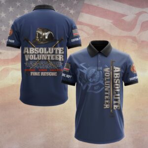 Front view of the absolute volunteer fire rescue polo in navy, featuring a striking logo and badge details.