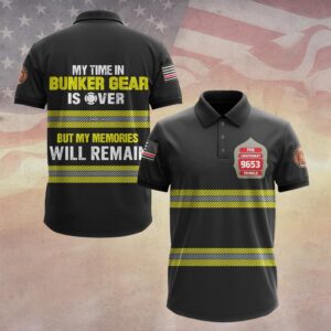 Front view of black bunker gear polo showing custom red fire department badge, yellow reflective stripes, and sleeve patches.