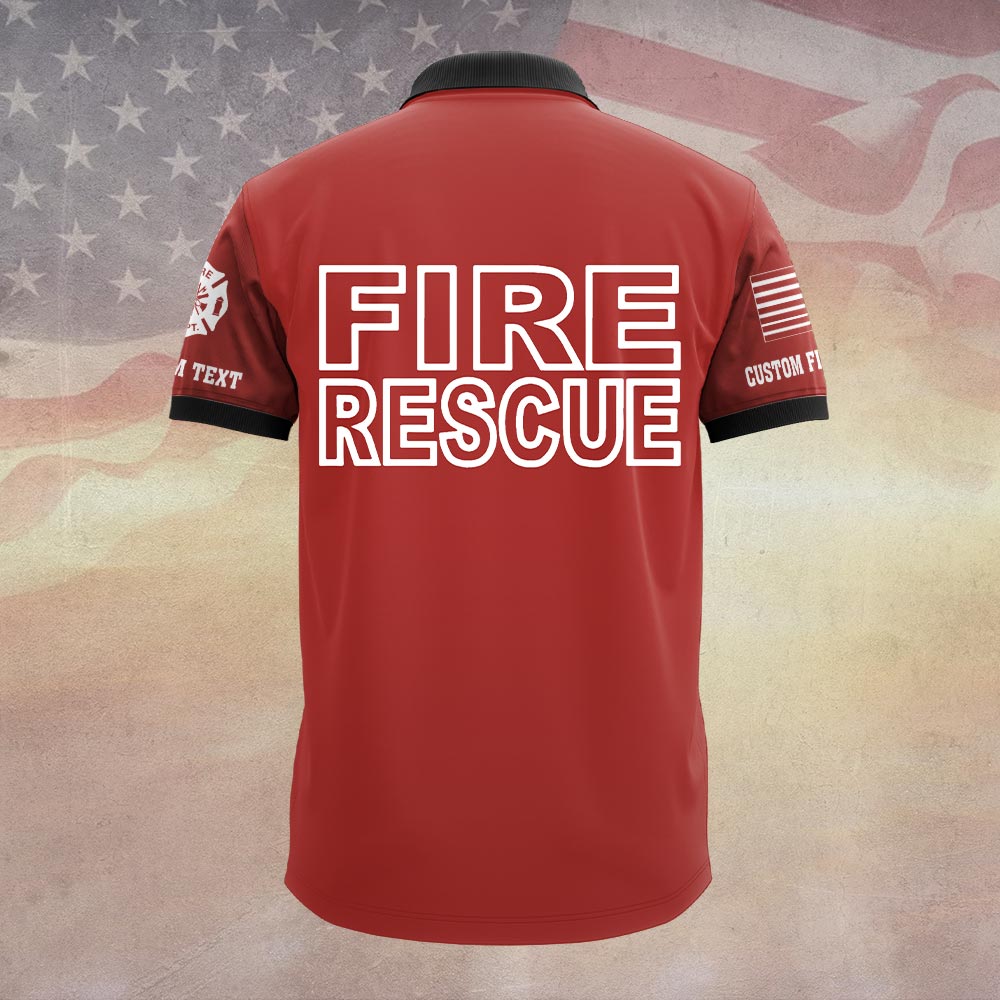 Red Fire Rescue Polo Shirt with Maltese Cross Side view detail of the red fire rescue polo showing the American flag graphic and custom department text on the sleeves.