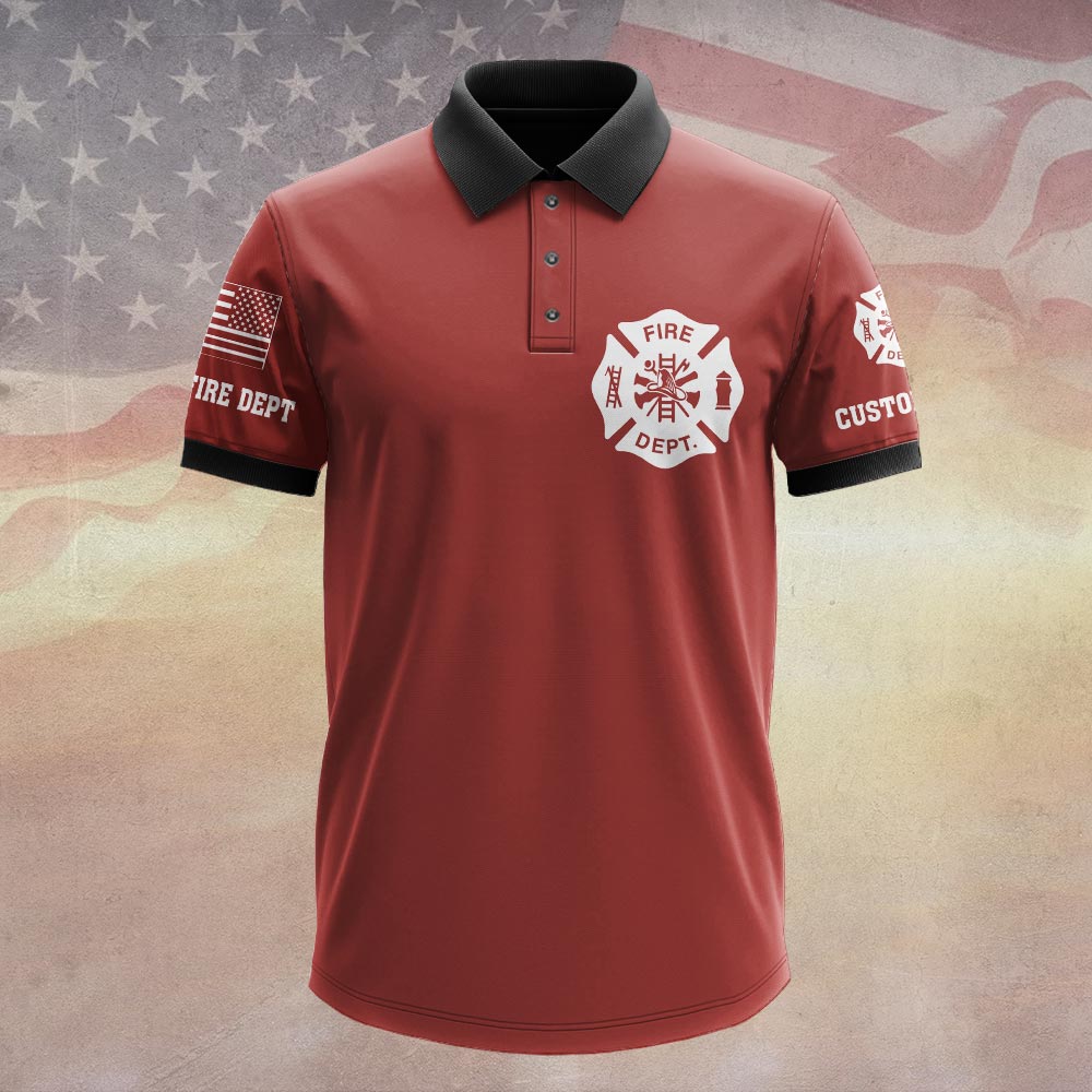 Red Fire Rescue Polo Shirt with Maltese Cross Back view of the red fire rescue polo highlighting large white outlined text and a black collar against an American flag.