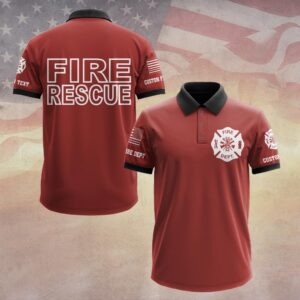 Front view of a red fire rescue polo with a black collar, black cuffs, and a white Maltese cross logo on the left chest.