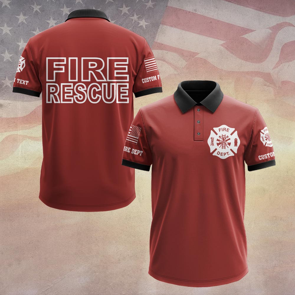 Red Fire Rescue Polo Shirt with Maltese Cross Front view of a red fire rescue polo with a black collar, black cuffs, and a white Maltese cross logo on the left chest.