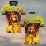 Front view of the custom name into the flames firefighter polo, featuring vibrant firefighter imagery and yellow accents.
