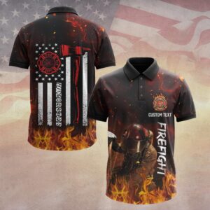 Front view of the Valorstep Firefight Flame polo, showcasing vibrant flames and firefighter design details.