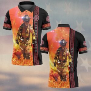 Front view of a black firefighter in action hoodie featuring a vibrant fire design and personalized name.