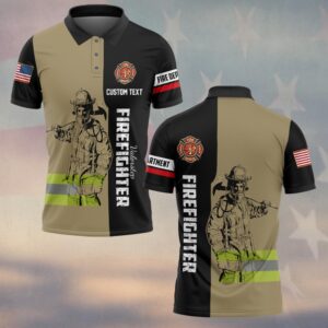 Valiant firefighter polo in black and tan, featuring custom text and firefighter graphic, viewed from the front.