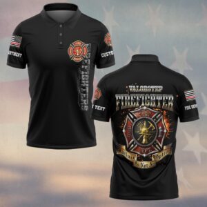 Front of black maltese cross firefighter polo showing left chest logo, vertical text, and sleeve flag detail.