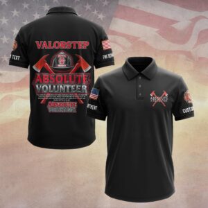 Front view of the black absolute volunteer polo featuring a left chest crossed axes logo and American flag on the sleeve.