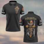 Front view of the Philippians 4:13 firefighter polo, black with gold cross design and department logo.