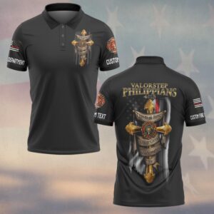Front view of black philippians 4:13 firefighter polo showing a gold chest cross and custom sleeve department text.