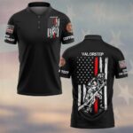 Front view of the thin red line firefighter polo, featuring a black design with American flag elements.