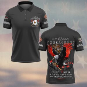 Front view of dark grey joshua 1:9 firefighter polo featuring custom sleeve text and a chest logo with an eagle and axes.