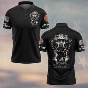 Front view black isaiah 43:2 firefighter polo showing chest graphic of a kneeling fireman, custom text, and sleeve flags.